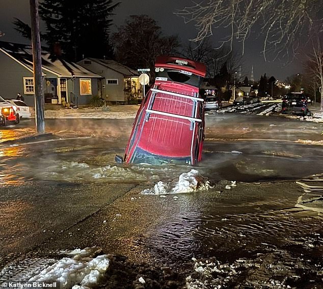 The vehicle immediately began to fill with bubbling water and the couple struggled to open the door against the rushing water