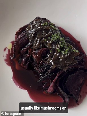 Main course consisted of coal-roasted beetroot, mixed with grilled oyster mushroom and eggplant, with red Salanova salad and Brussels sprouts as sides