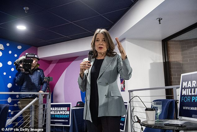 Self-help guru Marianne Williamson campaigns in Concord, New Hampshire, on Wednesday, January 17, ahead of Tuesday's Granite State primary.  Williamson also ran for president in 2020, but ultimately supported President Joe Biden