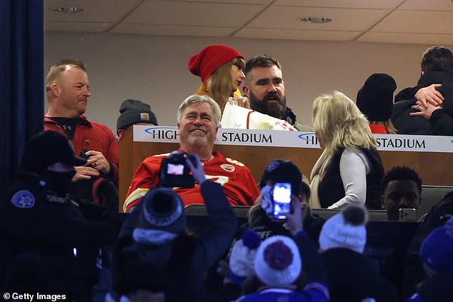 Taylor Swift was first pictured with Jason ahead of the Chiefs' win over the Bills