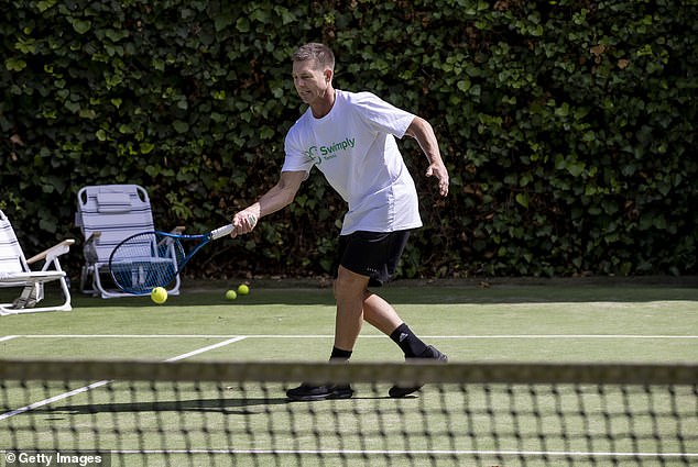 Looking deeply focused, the former West Coast Eagles player showed off his forehand and backhand as he returned balls over the net