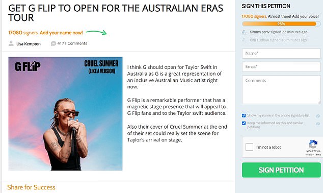 At the time of writing, the 'GET G FLIP TO OPEN FOR THE AUSTRALIAN ERAS TOUR' petition has over 17,000 signatures, reaching 95% of its target