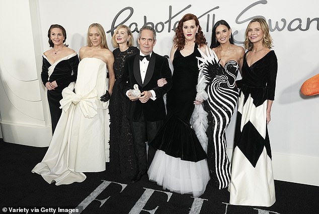 On the red carpet, she posed for photos alongside Diane Lane, Chloe Sevigny, Naomi Watts, Tom Hollander, Demi Moore and Calista Flockhart.  The star-studded cast all wore coordinating black and white looks for their show's premiere