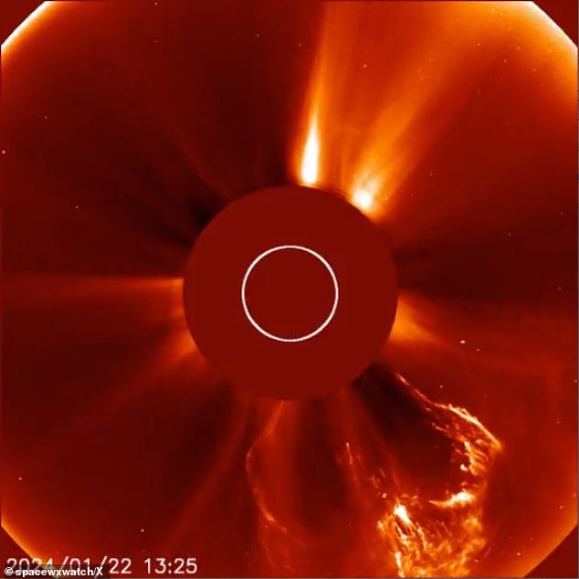 The two active sunspots, 3559 and 3561 (pictured is the solar flare), released coronal mass ejections (CMEs) just one day apart