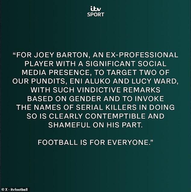 ITV slammed Joey Barton's criticism of Aluko and Ward as 'shameful' and 'despicable'