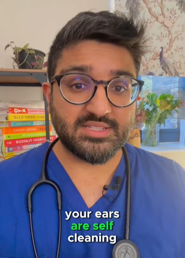 In a clip that has been viewed more than 18,000 times, Dr Kukadia, who also goes by Dr Sooj on social media, said: 'How should you clean your ears?  'You do not do that.  Your ears are self-cleaning and you should not put anything smaller than your elbow in your ear.