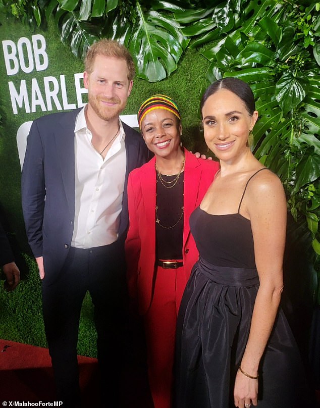 The Sussexes posed at the event last night with Marlene Malahoo Forte, Jamaica's minister of legal and constitutional affairs, who said last year that Jamaica could soon cut ties with the monarchy because it was time for the country's future to be 'in Jamaican ' would be.  hands'