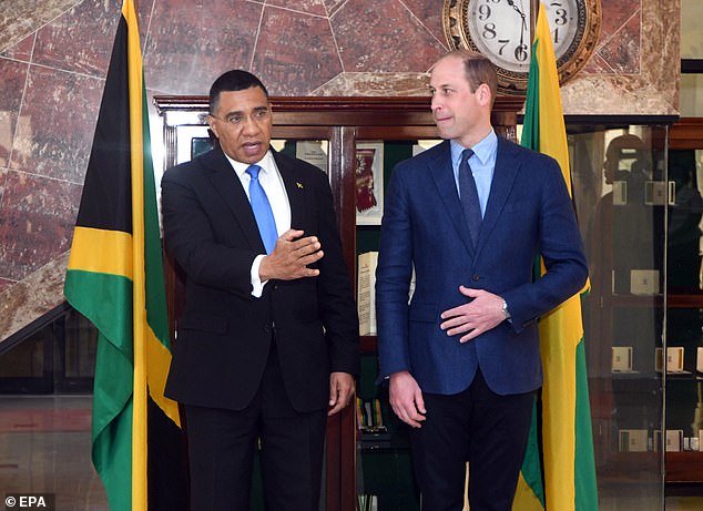 Prince William and the Prime Minister of Jamaica, Andrew Holness, are pictured at a meeting at the Prime Minister's residence in Jamaica, Kingston in 2022