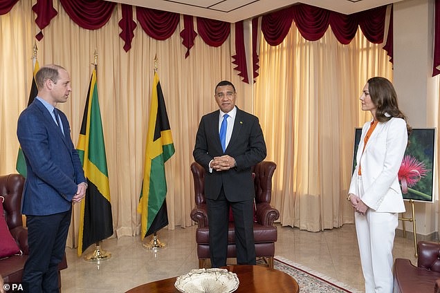 Prince William and Kate Middleton meet Jamaican Prime Minister Andrew Holness at his office in Kingston on day five of their platinum anniversary tour of the Caribbean on March 23, 2022