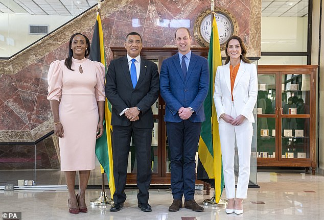 Jamaica's Prime Minister Andrew Holness and his wife Juliet with the Duke and Duchess of Cambridge