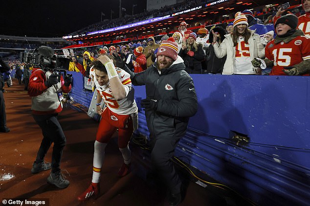 Patrick Mahomes dodges snowballs thrown by fans after beating the Buffalo Bills on Sunday