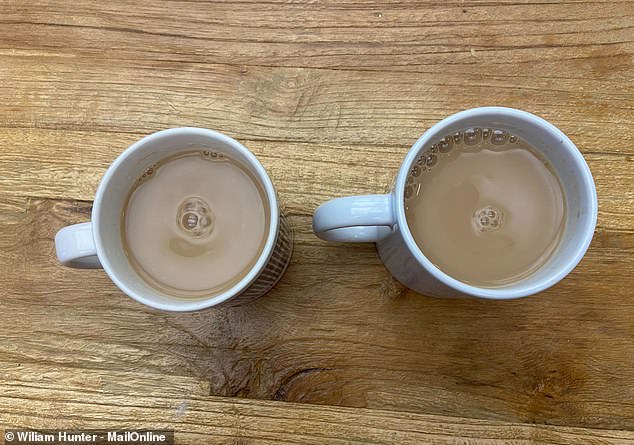 can you spot the difference?  The cup on the right is brewed with hot milk in a hot mug, while the cup on the left is brewed in the normal way.  The hot milk initially seemed to curdle slightly, but this disappeared after stirring