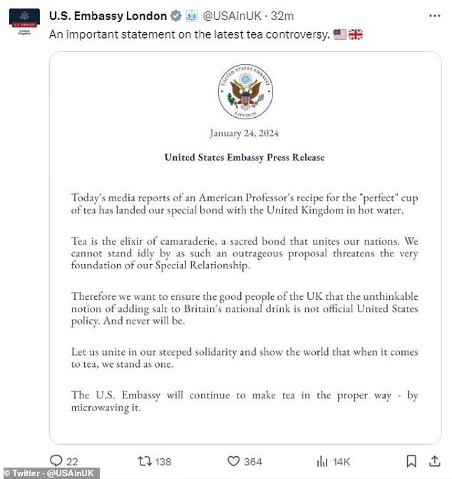 Dr.'s recipe  Frankl for a 'perfect' cup of tea has proven so shocking that the US Embassy in London even joked on X (formerly Twitter) about the recipe