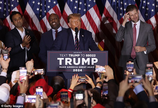 Other rivals Trump has attacked, Vivek Ramaswamy (far left) and Senator Tim Scott (left), have supported Trump, as has Ron DeSantis, who called Trump “DeSanctimonious.”