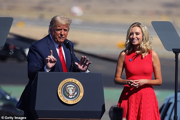 Trump sometimes brought McEnany to the stage while campaigning for re-election, as he did at a Make America Great Again campaign rally on October 19, 2020 in Prescott, Arizona.