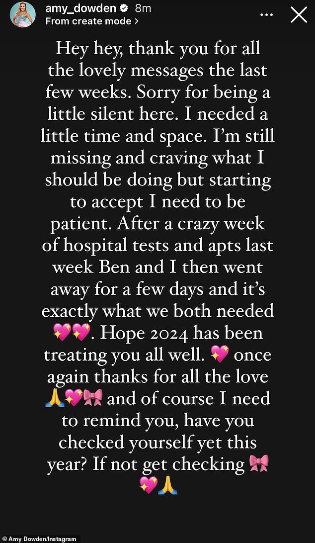 She told how although she is happy her hair is growing back, she is still adjusting to a new pace of life this year and needed a few days away after more hospital tests.