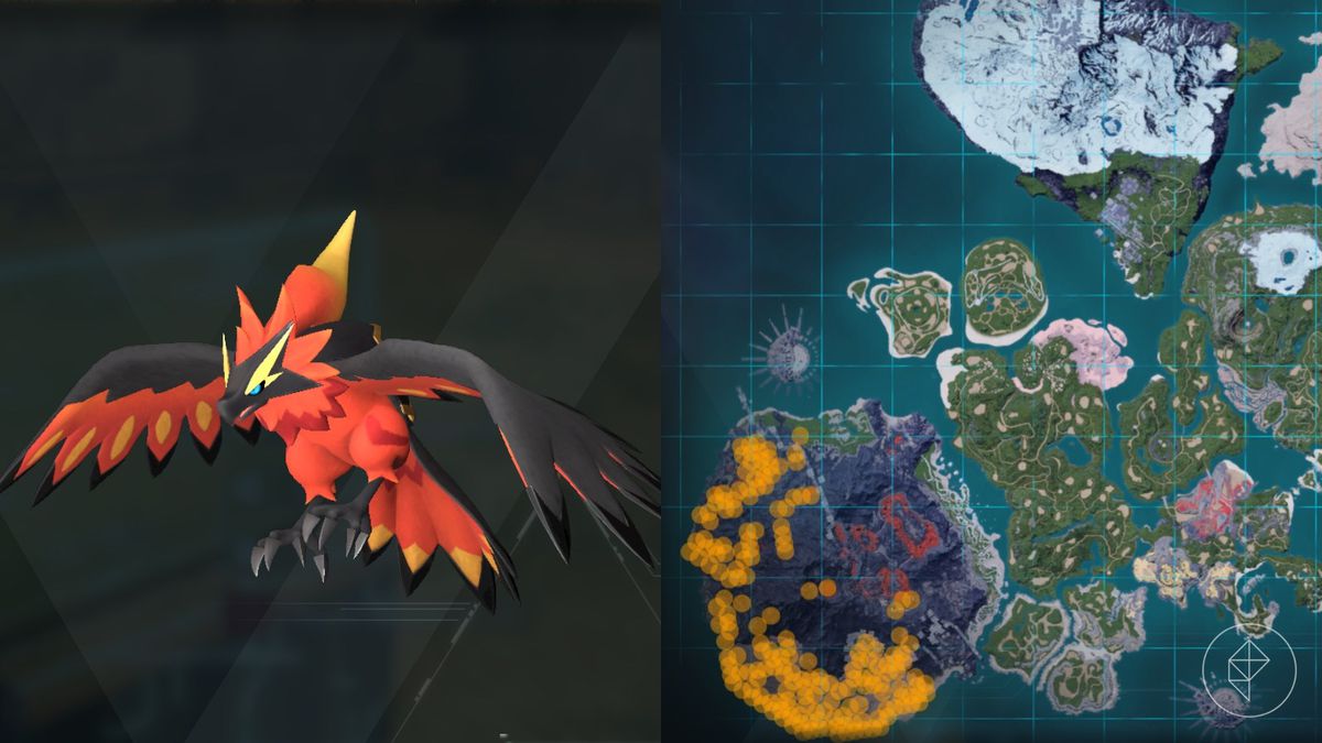 Ragnahawk location marked on Palworld's map with orange dots.