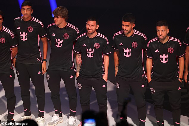 Messi shows off Miami's new away kit sponsor Royal Caribbean with Luis Suarez and Jordi Alba