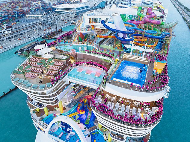 The cruise ship has seven swimming pools and six water slides on board