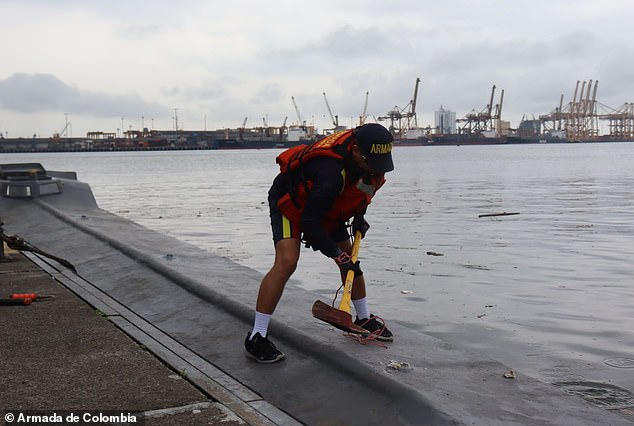 The 13-meter-long narco-submarine was found sailing beneath the Pacific Ocean off the Colombian port city of Buenaventura when it was intercepted on Saturday.