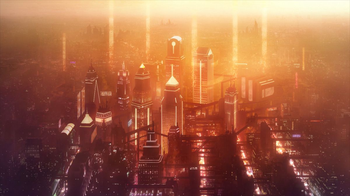 A futuristic cityscape with tall skyscrapers and beams of light reaching into the sky in Metallic Rouge.