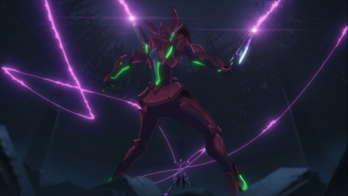 A red armored figure stands in front of a swarm of purple projectiles, drawing lines of undulating energy behind them in Metallic Rouge.