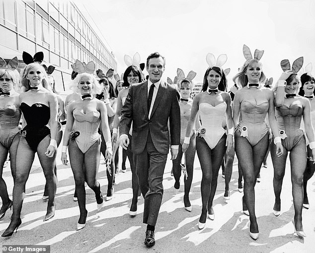 Hugh and his Playboy bunnies at London Airport for the opening of the new Playboy Club, which opened in 1966