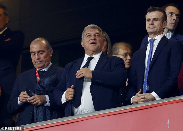 Barcelona president Joan Laporta (center) sat in the stands of San Mames to watch the match