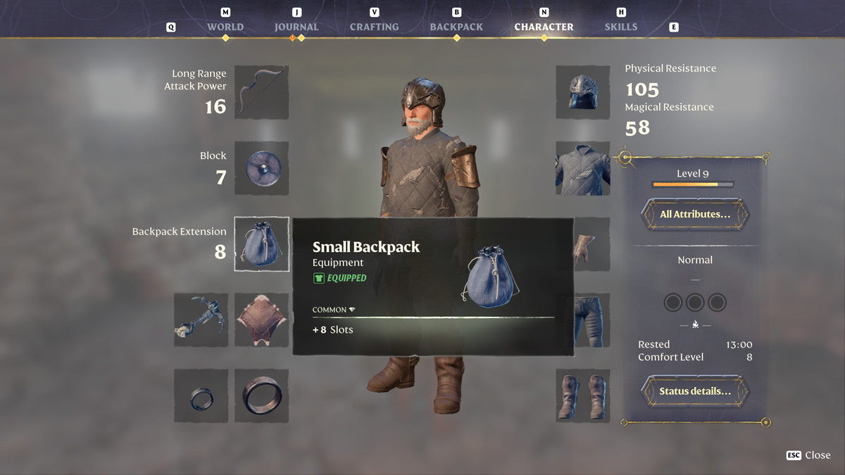 Wrapped character menu with the small backpack selected