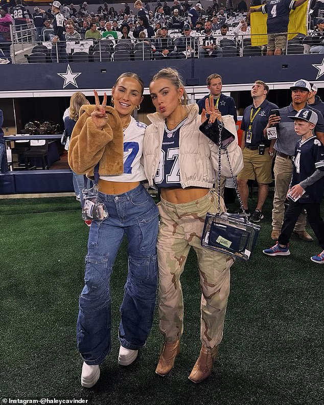 Haley and Hanna Cavinder posed on the Cowboys field at AT&T Stadium in December