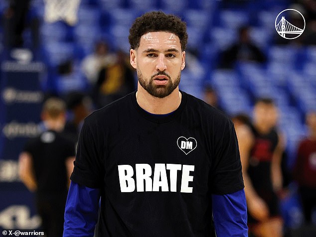 Klay Thompson is seen wearing a 'BRATE' jersey before the Warriors-Hawks game