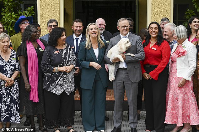 Prime Minister of Australia Anthony Albanese and partner Jodie Haydon (pictured, centre) host a morning tea with Australian of the Year finalists at the Lodge in Canberra