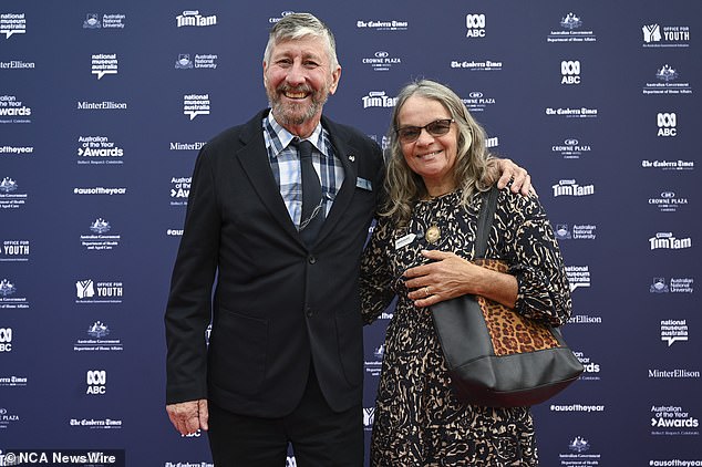 Australia's Local Hero of 2024 David Elliott OAM and his wife Judy arrive at the awards ceremony at the National Arboretum in Canberra