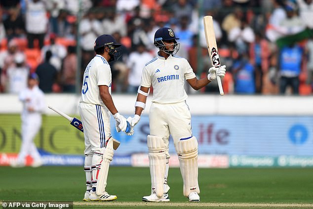 England had a difficult day as Yashasvi Jaiswal (right) remained unbeaten for a half-century after the tourists were bowled out for 246