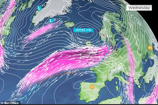 A stream of fast-moving air, the jet stream (coloured pink), is currently flowing across Britain