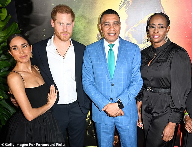 Prince Harry and Meghan Markle with Jamaican Prime Minister Andrew Holness and his wife Juliet on Tuesday for the premiere of Bob Marley: One Love at the Carib Theater in Kingston