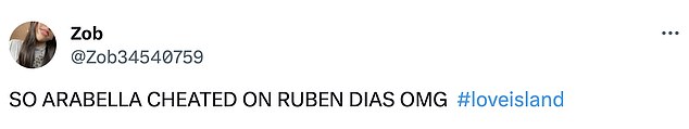 Fans shared their thoughts on Twitter/X, with one person wondering: 'So Arabella cheated on Ruben Dias with Tom Clare???'