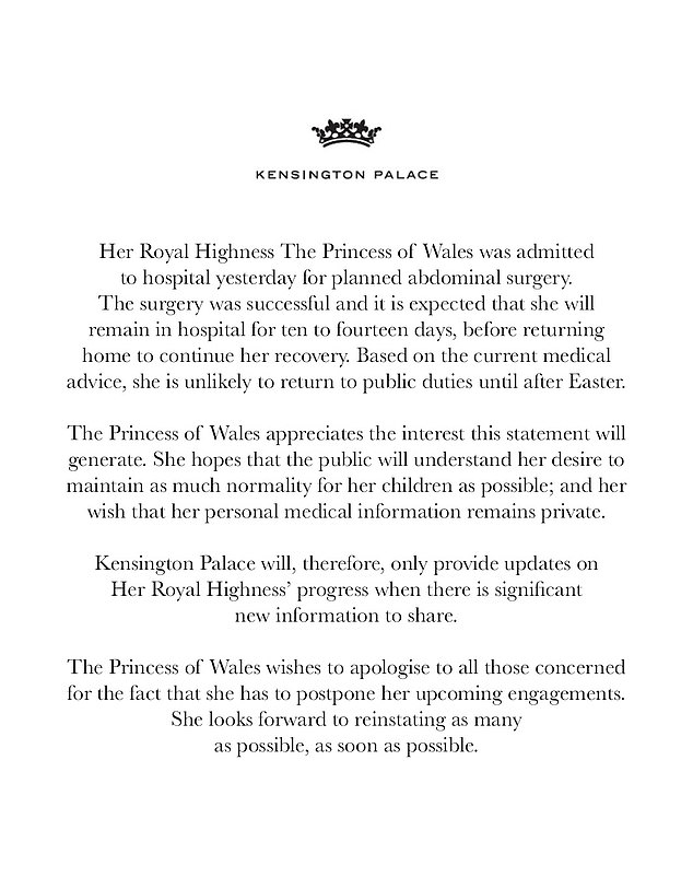 A statement from Kensington Palace was released at 2pm yesterday