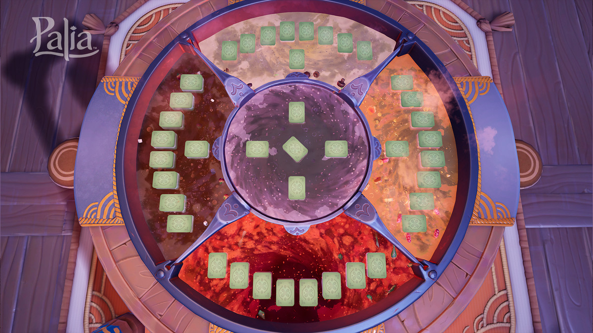 An overhead view of the Hotpot card game in Palia, which is represented by mahjong-like tiles floating in a huge pot of bubbling soup.