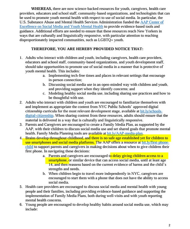 The above page from the advice highlights the advice to parents, including that there is no safe age at which children can start using social media