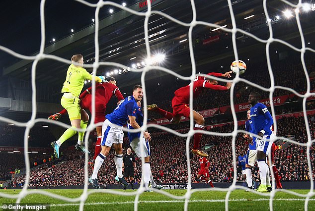 Pickford came off his line but Virgil van Dijk beat him to the ball and headed in the Merseyside derby winner to knock Everton out of the FA Cup.