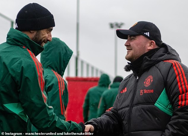 Club captain Bruno Fernandes smiled at Littler as they shook hands with Carrington