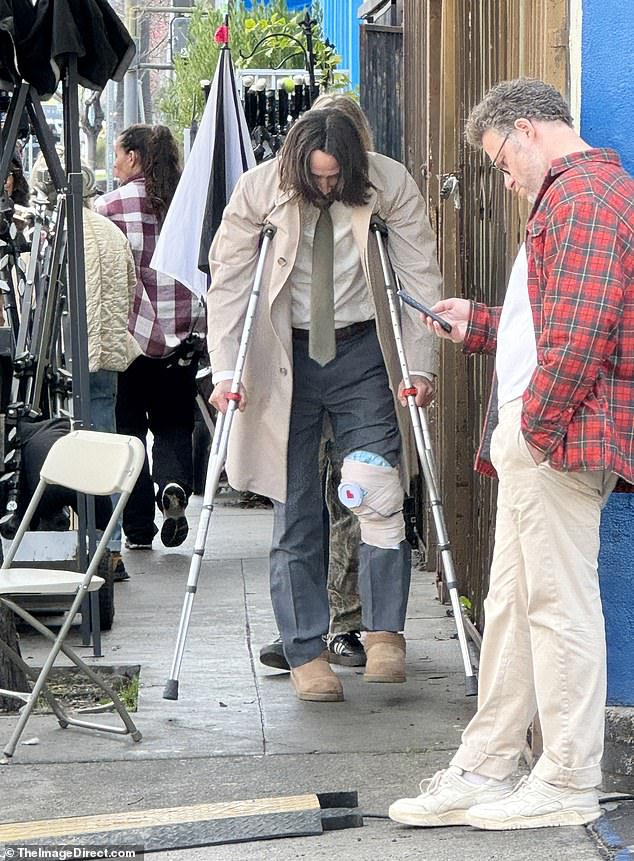 It was not immediately clear whether Reeves was using the crutches for personal injury or as part of the project he was filming.