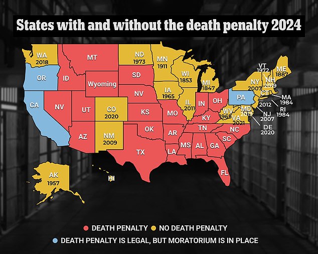 As of January 2024, there are 24 states that use the death penalty and 23 states that do not, while another three states have a moratorium on it