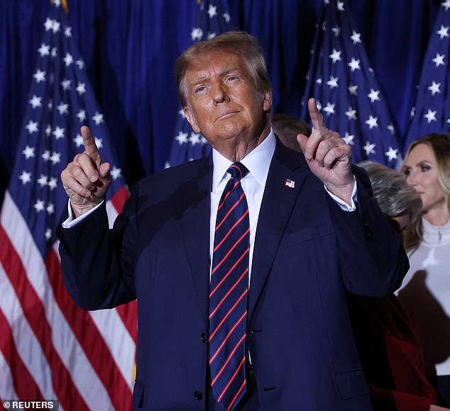 Former President Donald Trump dances on stage during his victory party in Nashua, New Hampshire, on Tuesday night.  He won the Iowa caucuses and the New Hampshire primaries, but became enraged by the former UN ambassador.  Nikki Haley's decision to stay in the 2024 race