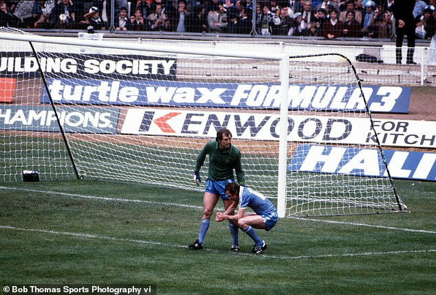 Manchester City goalkeeper Joe Corrigan consoles Hutchinson after scoring that own goal