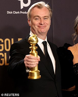 Christopher Nolan with the awards for Best Director and Best Picture for Oppenheimer at the Golden Globe Awards on January 7