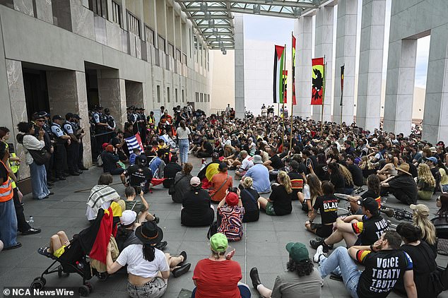 As many as 600 demonstrators descended on Parliament House