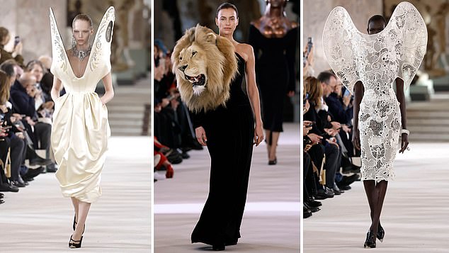 Weird but beautiful: from left to right a winged dress from Schiaparelli, Irina Shayk in the label's lion dress and a striking lace design