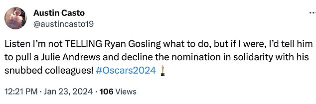 Fans have called on Ryan to take a stand and forfeit his Oscar nomination in solidarity